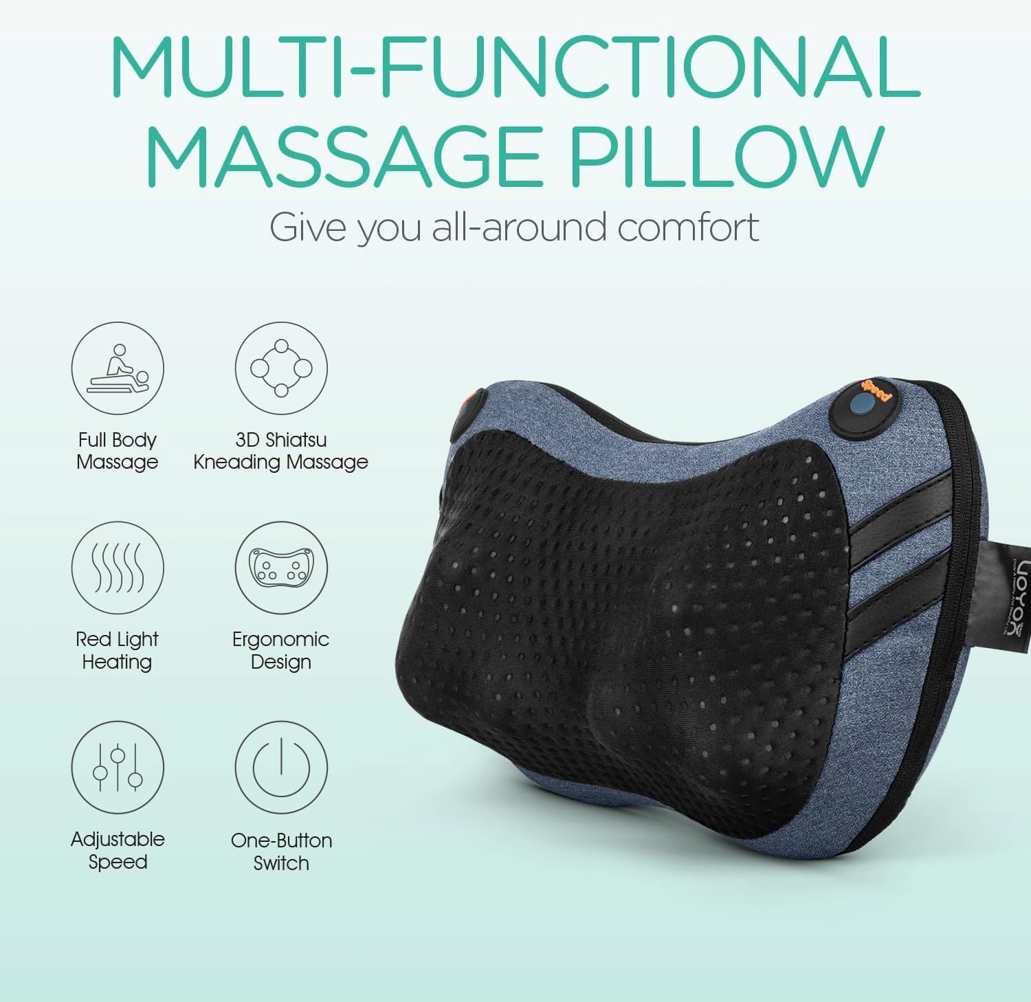 Shiatsu Neck and Back Massager with Heat - 3D Kneading Deep Tissue Massage Pillow for Lower Back, Shoulder, Calf, Foot, Use at Home, Car, Office (Pale Blue)