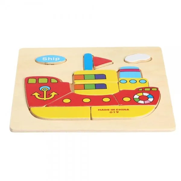 Ship Shaped Wooden Puzzle Block Cartoon Educational Toy Multicolor
