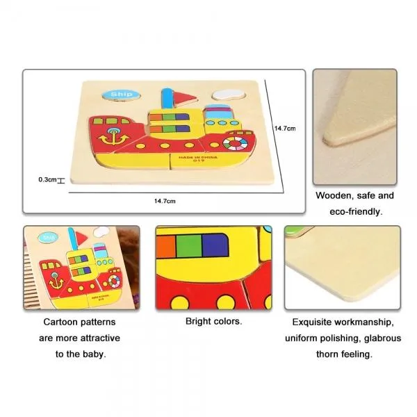 Ship Shaped Wooden Puzzle Block Cartoon Educational Toy Multicolor