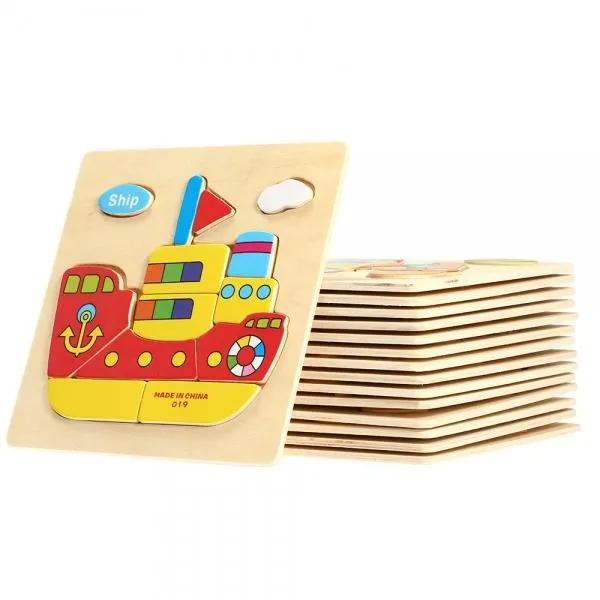 Ship Shaped Wooden Puzzle Block Cartoon Educational Toy Multicolor