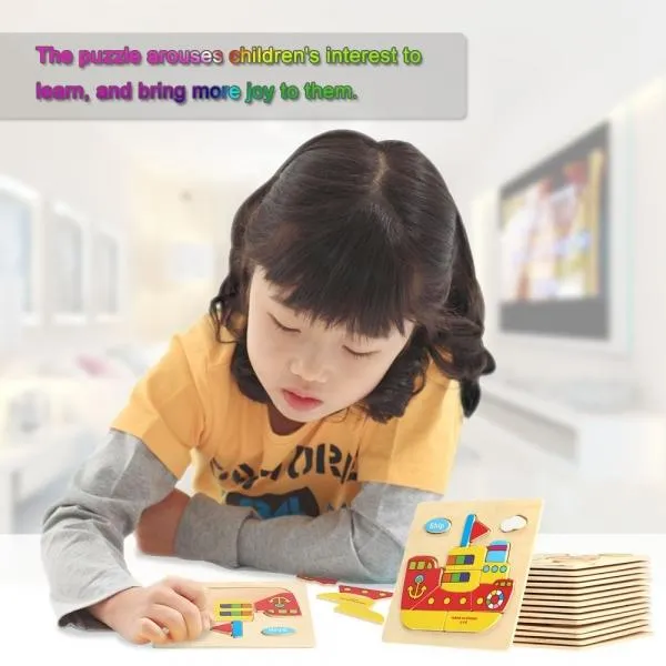 Ship Shaped Wooden Puzzle Block Cartoon Educational Toy Multicolor