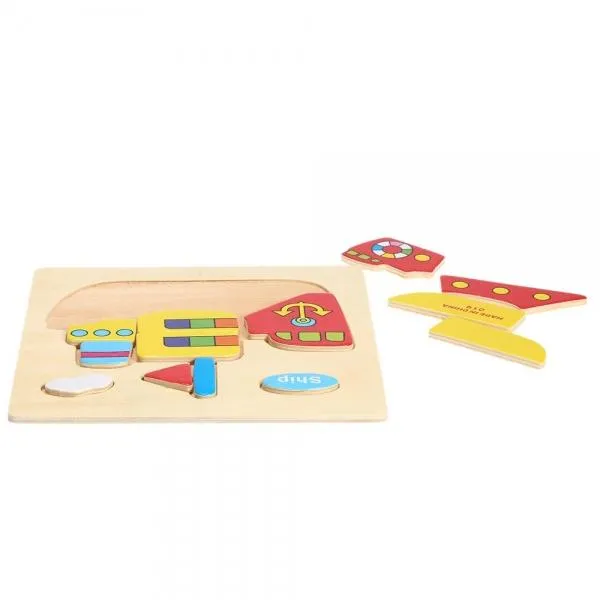 Ship Shaped Wooden Puzzle Block Cartoon Educational Toy Multicolor