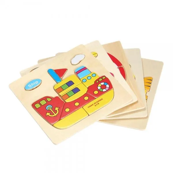 Ship Shaped Wooden Puzzle Block Cartoon Educational Toy Multicolor