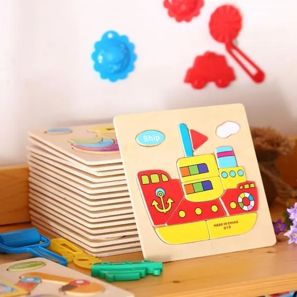 Ship Shaped Wooden Puzzle Block Cartoon Educational Toy Multicolor