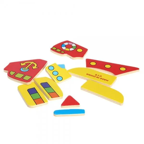 Ship Shaped Wooden Puzzle Block Cartoon Educational Toy Multicolor