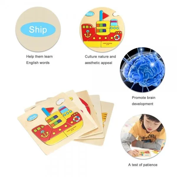 Ship Shaped Wooden Puzzle Block Cartoon Educational Toy Multicolor