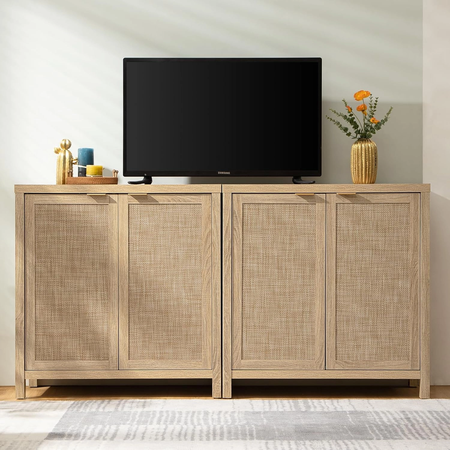 SICOTAS Sideboard Buffet Rattan Cabinet - Boho Larger Credenza Kitchen Storage Cabinet with Rattan Storage - Accent Buffet Console Table for Dining Room Hallway - 2 Pieces (Natural)