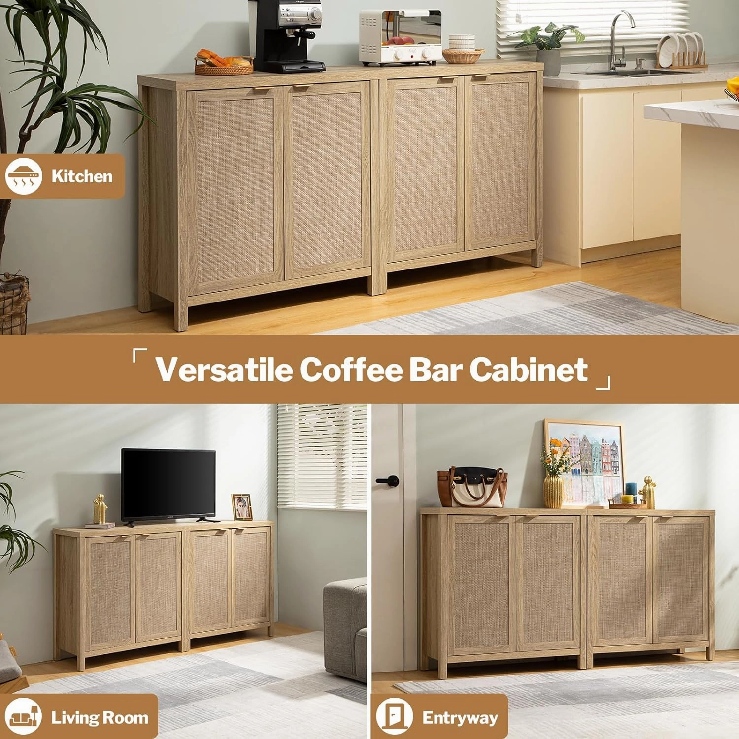 SICOTAS Sideboard Buffet Rattan Cabinet - Boho Larger Credenza Kitchen Storage Cabinet with Rattan Storage - Accent Buffet Console Table for Dining Room Hallway - 2 Pieces (Natural)