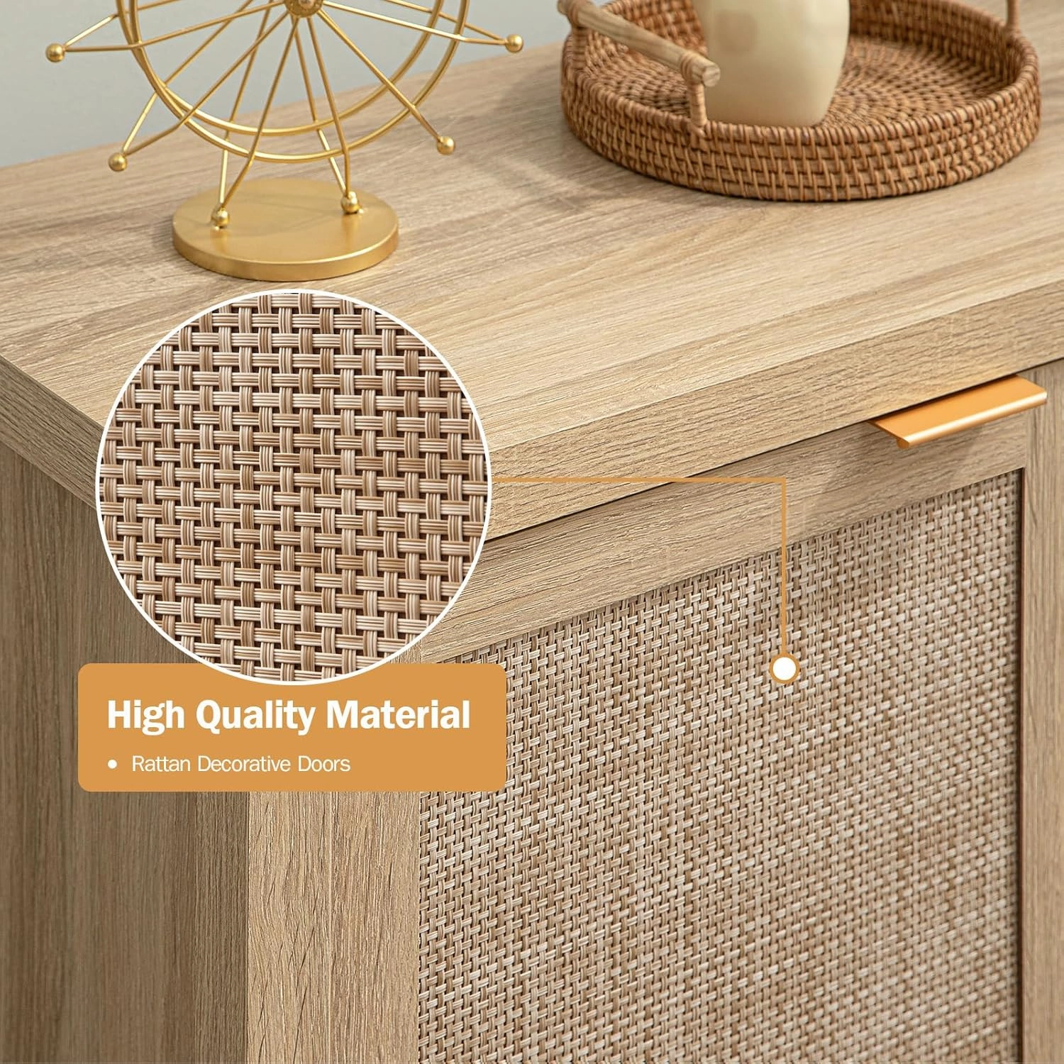 SICOTAS Sideboard Buffet Rattan Cabinet - Boho Larger Credenza Kitchen Storage Cabinet with Rattan Storage - Accent Buffet Console Table for Dining Room Hallway - 2 Pieces (Natural)