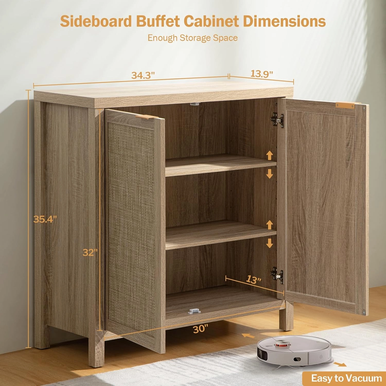 SICOTAS Sideboard Buffet Rattan Cabinet - Boho Larger Credenza Kitchen Storage Cabinet with Rattan Storage - Accent Buffet Console Table for Dining Room Hallway - 2 Pieces (Natural)
