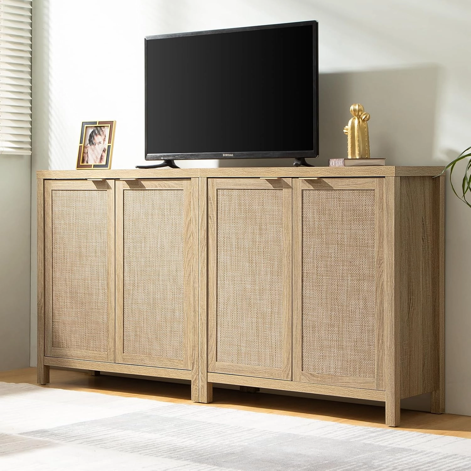 SICOTAS Sideboard Buffet Rattan Cabinet - Boho Larger Credenza Kitchen Storage Cabinet with Rattan Storage - Accent Buffet Console Table for Dining Room Hallway - 2 Pieces (Natural)