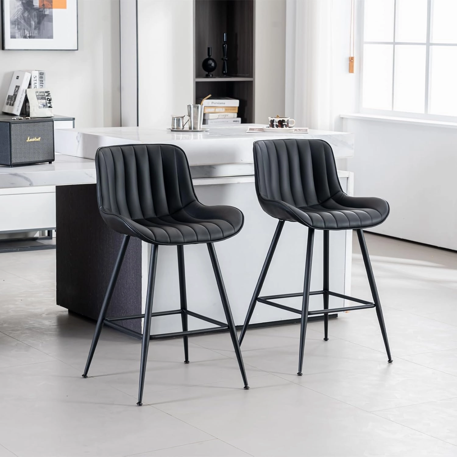 Sidanli Bar Stools Set of 2, Counter Height Chairs with Backrest, Faux Leather, Metal Legs, 24 Inch Bar stools for Kitchen Counter, Cafe, Black