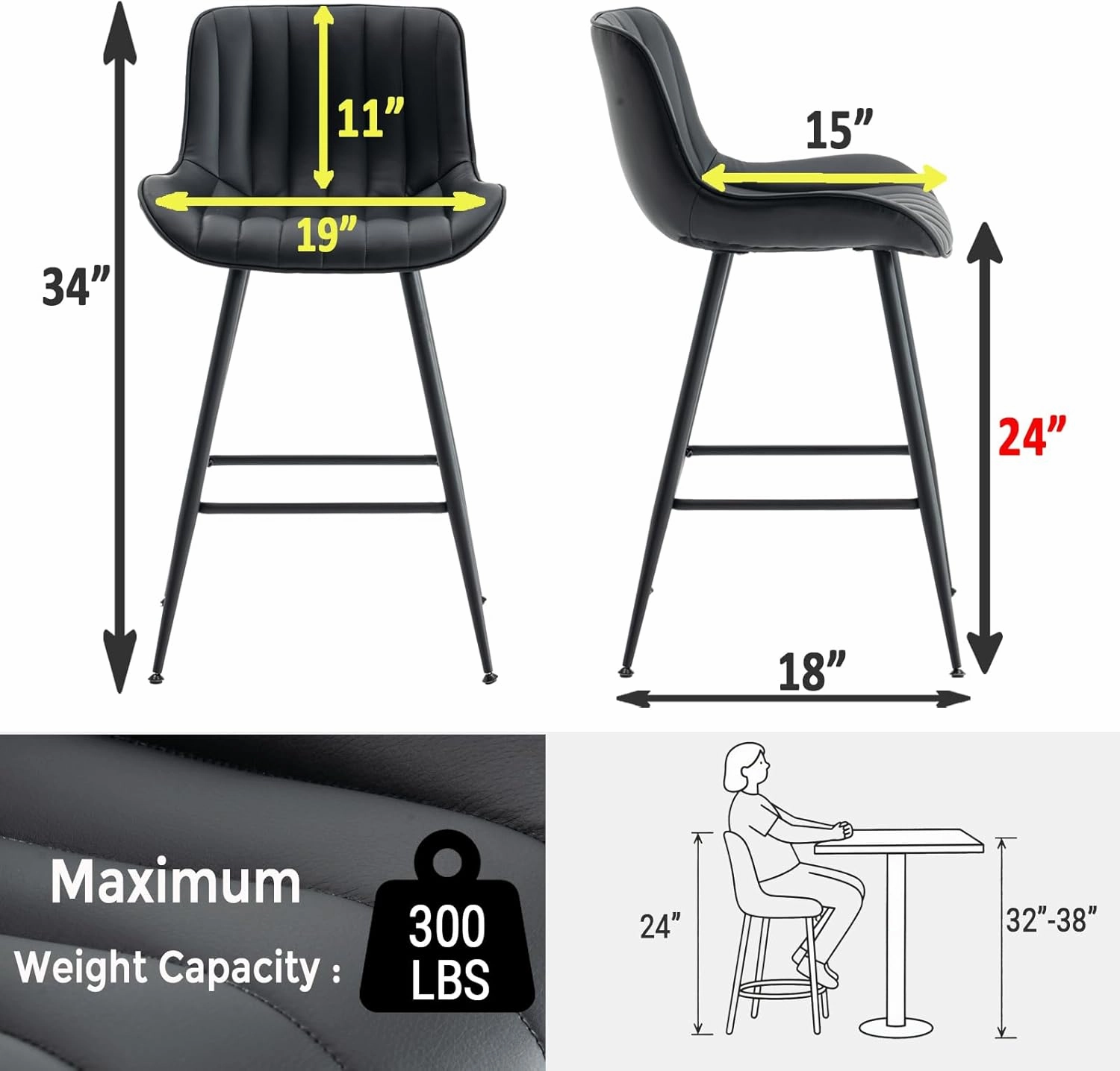 Sidanli Bar Stools Set of 2, Counter Height Chairs with Backrest, Faux Leather, Metal Legs, 24 Inch Bar stools for Kitchen Counter, Cafe, Black