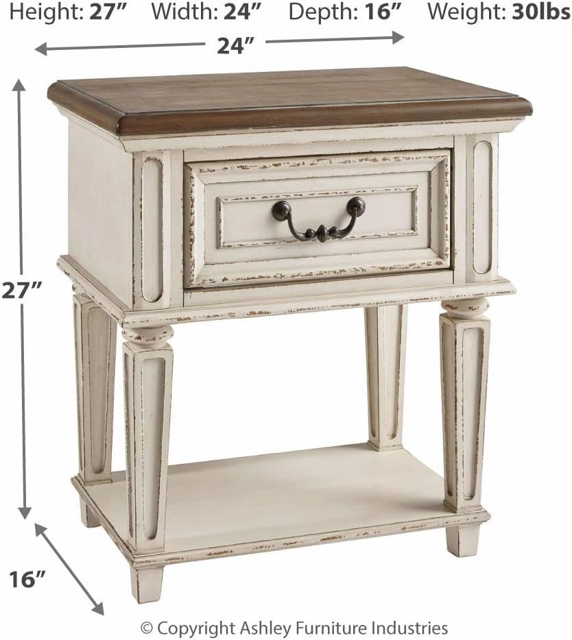 Signature Design by Ashley Realyn Traditional Cottage 1 Drawer Nightstand with Dovetail Construction & Open Display Shelf, Chipped White, 27" Tall, Distressed Brown