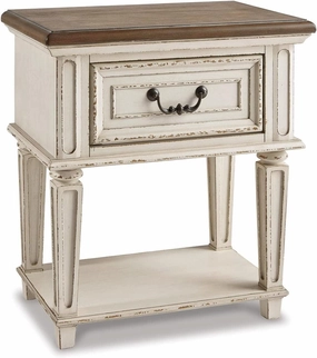 Signature Design by Ashley Realyn Traditional Cottage 1 Drawer Nightstand with Dovetail Construction & Open Display Shelf, Chipped White, 27" Tall, Distressed Brown
