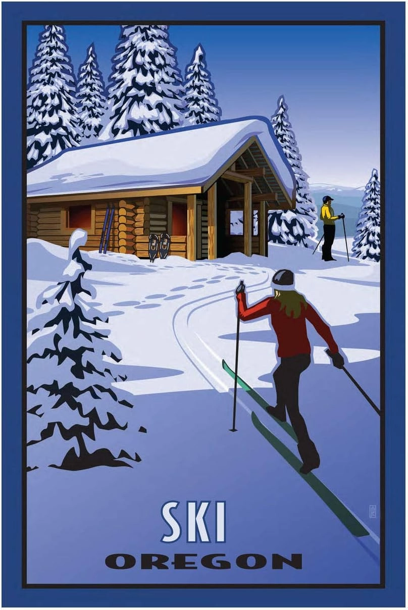 Ski Oregon Cross Country Skiers & Cabin Giclee Art Print Poster from Travel Artwork by Artist Paul Leighton 12" x 18"