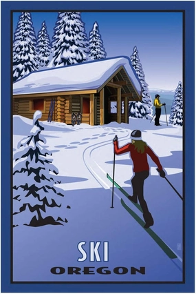 Ski Oregon Cross Country Skiers & Cabin Giclee Art Print Poster from Travel Artwork by Artist Paul Leighton 12" x 18"