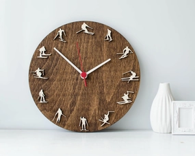 Skiing clock 10" diameter, Wood clock with Skiers, Winter sport home decor