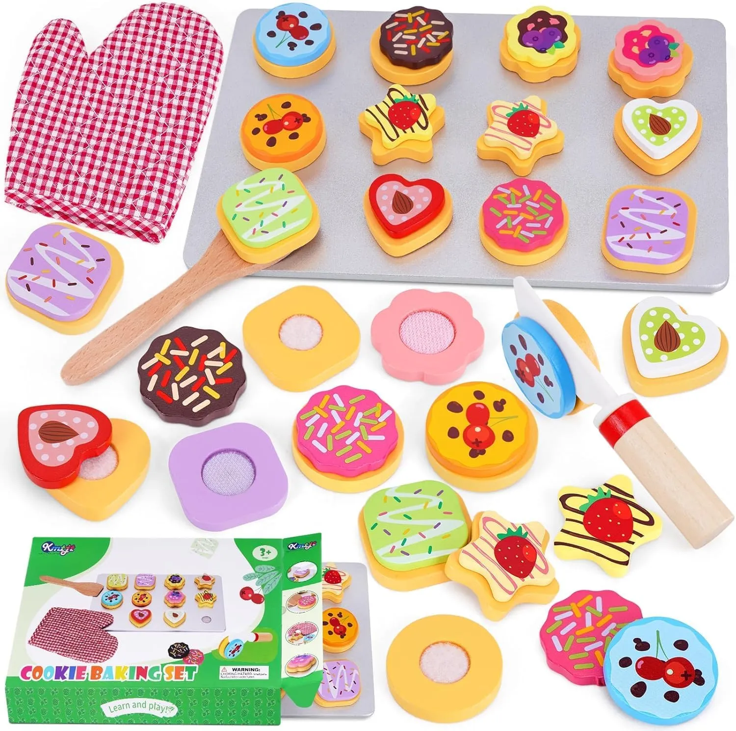Slice and Bake Wooden Cookie Play Food Set for Kids Kitchen - Toy Food Accessories - Kids Pretend Cookies and Baking Sheet, Toy Baking Set for 3  Year Old Boys Girls Birthday Gifts