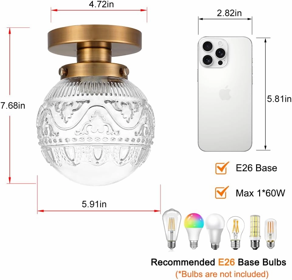 Small Semi Flush Mount Ceiling Light, Modern Globe Clear Glass Ceiling Light Fixture, Vintage Brass Gold Hallway Light Fixtures for Kitchen, Entryway, Bathroom, Closet