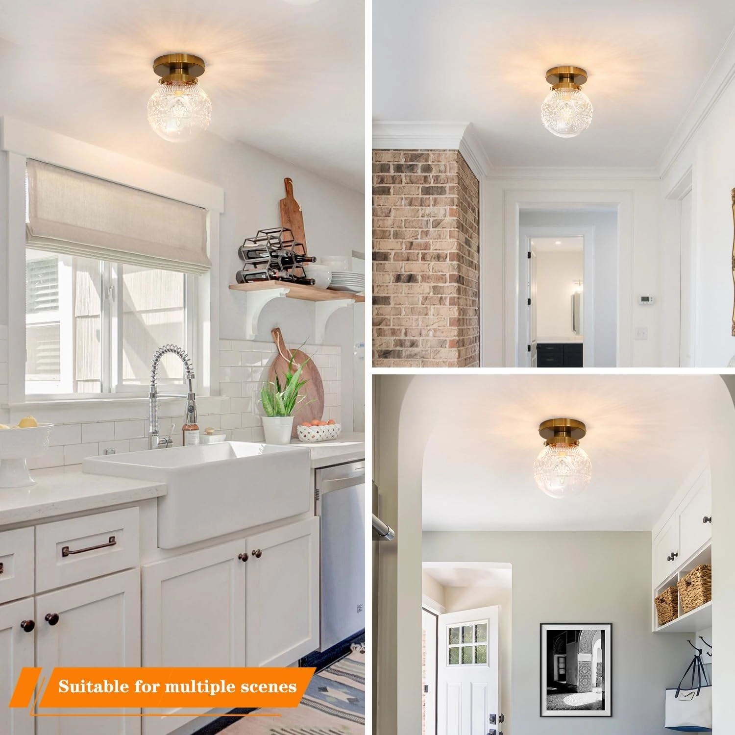 Small Semi Flush Mount Ceiling Light, Modern Globe Clear Glass Ceiling Light Fixture, Vintage Brass Gold Hallway Light Fixtures for Kitchen, Entryway, Bathroom, Closet