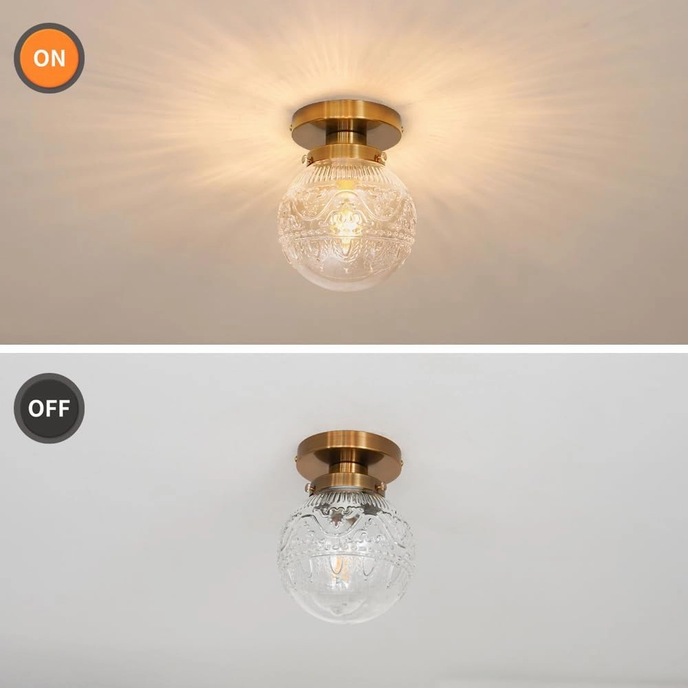 Small Semi Flush Mount Ceiling Light, Modern Globe Clear Glass Ceiling Light Fixture, Vintage Brass Gold Hallway Light Fixtures for Kitchen, Entryway, Bathroom, Closet