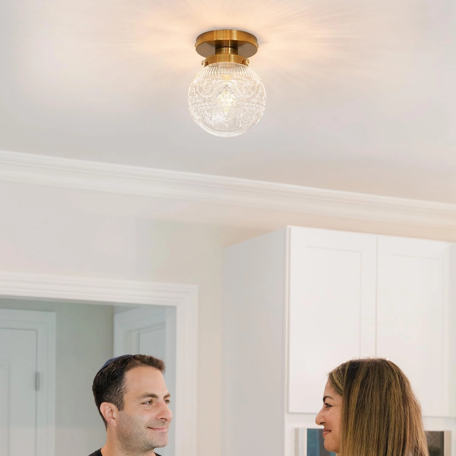 Small Semi Flush Mount Ceiling Light, Modern Globe Clear Glass Ceiling Light Fixture, Vintage Brass Gold Hallway Light Fixtures for Kitchen, Entryway, Bathroom, Closet