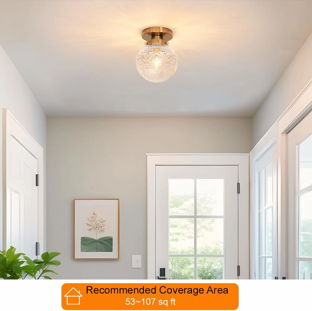 Small Semi Flush Mount Ceiling Light, Modern Globe Clear Glass Ceiling Light Fixture, Vintage Brass Gold Hallway Light Fixtures for Kitchen, Entryway, Bathroom, Closet