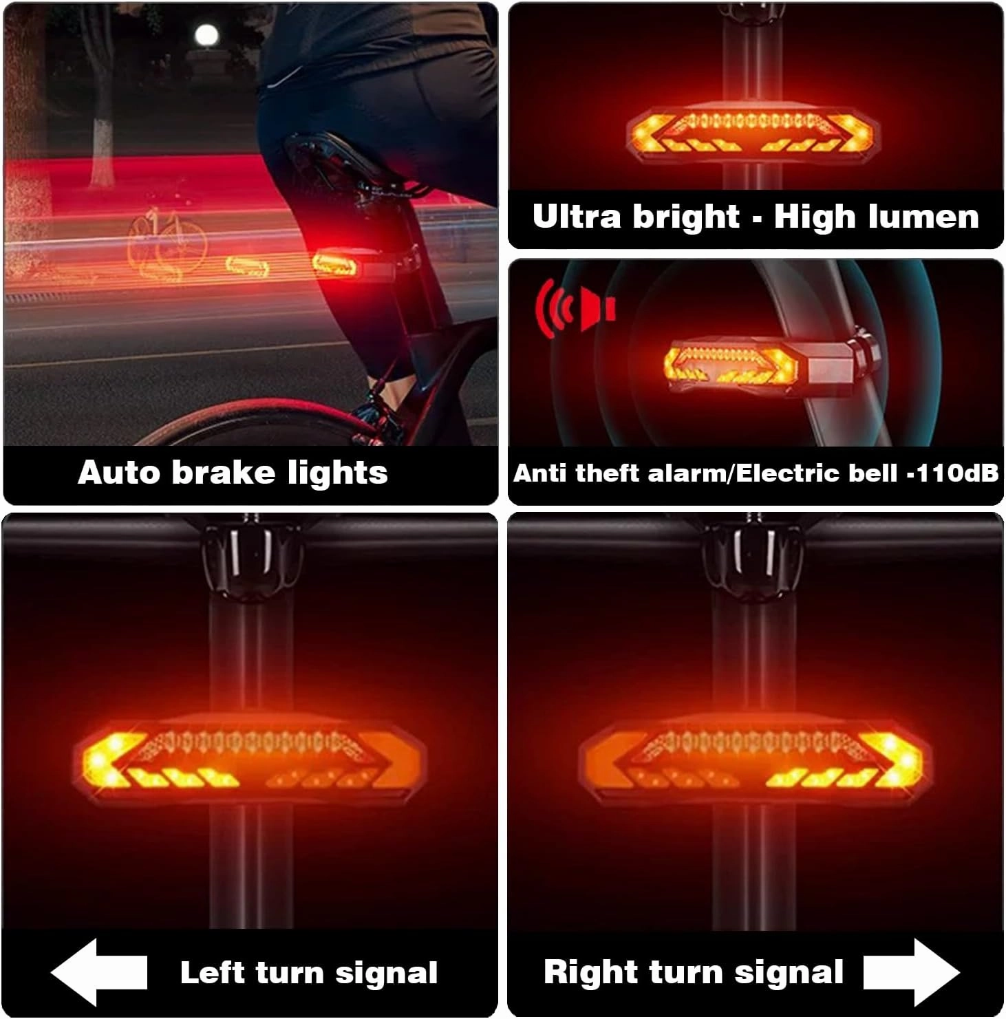 Smart Bike Tail Lights with Turn Light Waterproof IP65 luz para Bicicleta USB Rechargeable Ultra Bright Safety Warning Anti Theft Alarms Cycling Taillight Bike Taillights