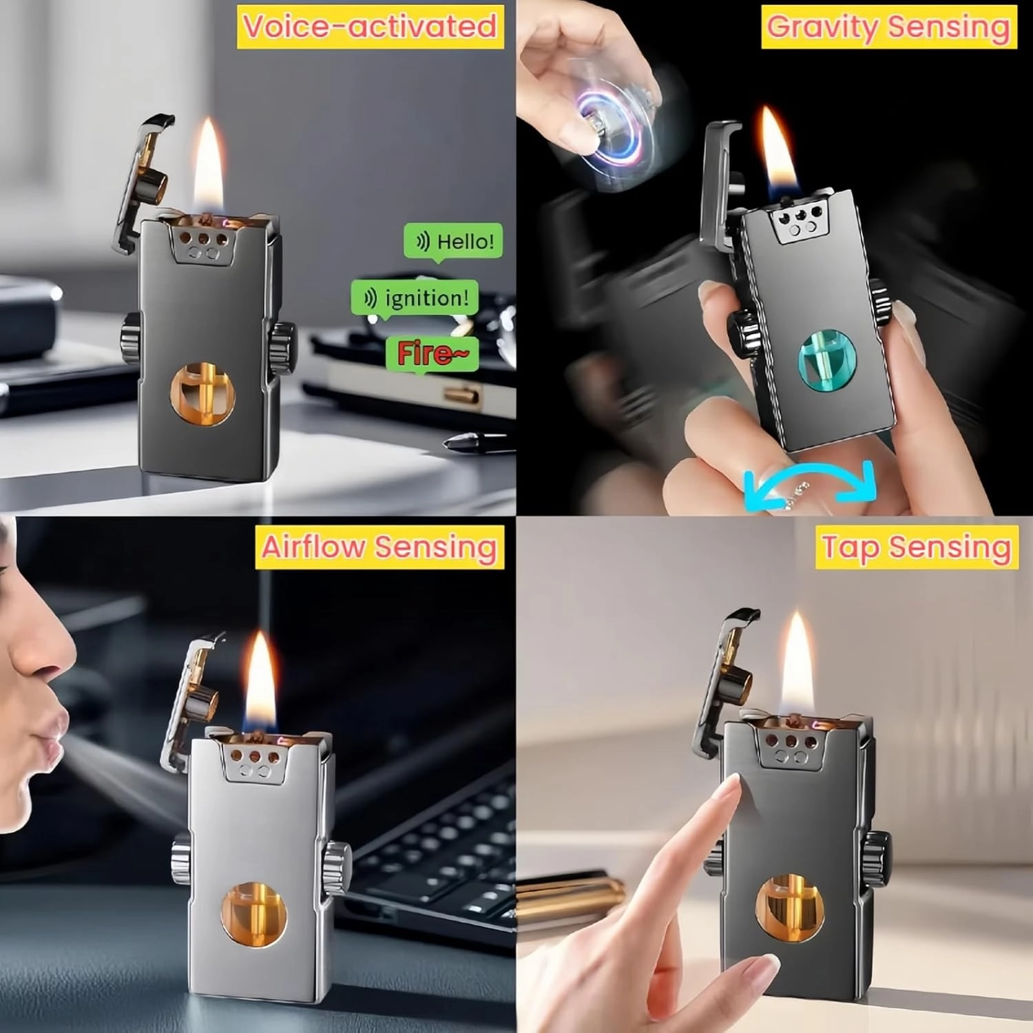 Smart Kerosene Lighter 4-Ignition Methods, Voice Activated Soft Flame Lighter, Spinner Mecha Design Refillable Lighters with Cool Colorful Breathing Light (Black, No Fuel)