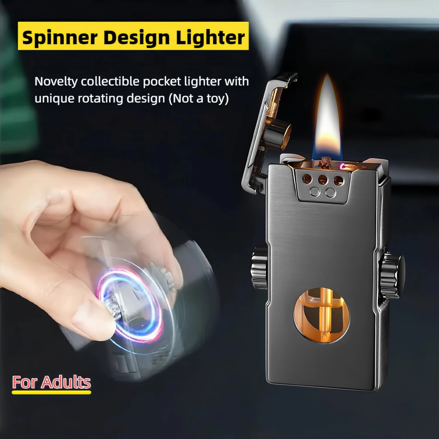 Smart Kerosene Lighter 4-Ignition Methods, Voice Activated Soft Flame Lighter, Spinner Mecha Design Refillable Lighters with Cool Colorful Breathing Light (Black, No Fuel)