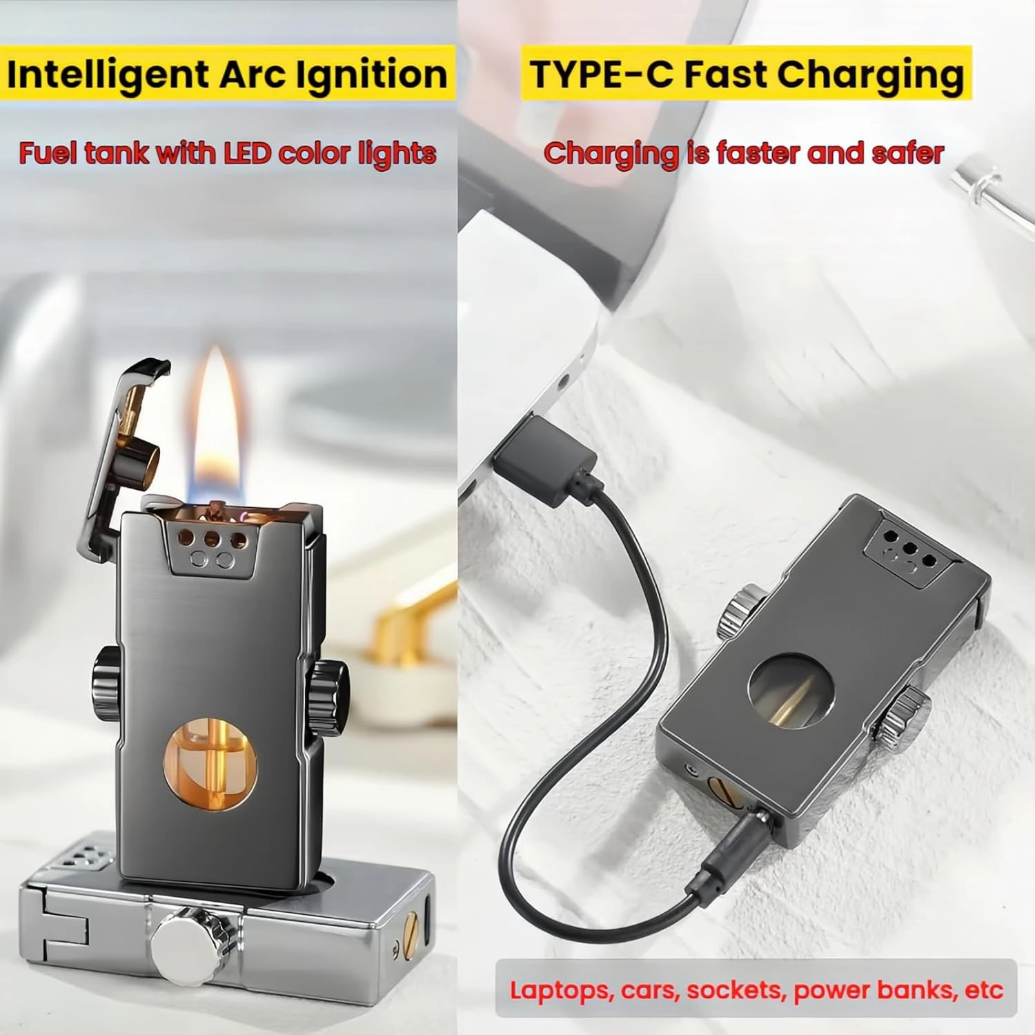 Smart Kerosene Lighter 4-Ignition Methods, Voice Activated Soft Flame Lighter, Spinner Mecha Design Refillable Lighters with Cool Colorful Breathing Light (Black, No Fuel)