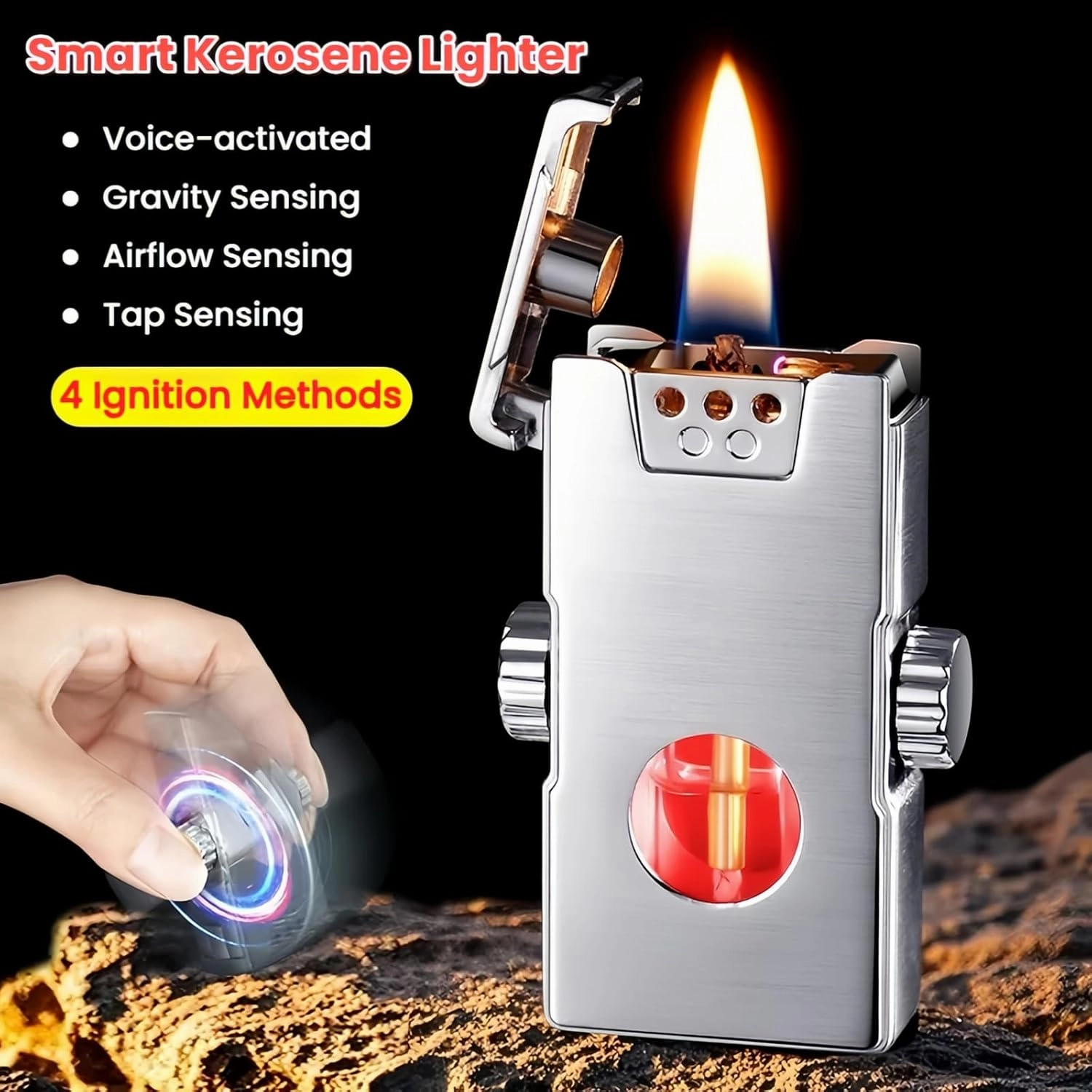 Smart Kerosene Lighter 4-Ignition Methods, Voice Activated Soft Flame Lighter, Spinner Mecha Design Refillable Lighters with Cool Colorful Breathing Light (Black, No Fuel)