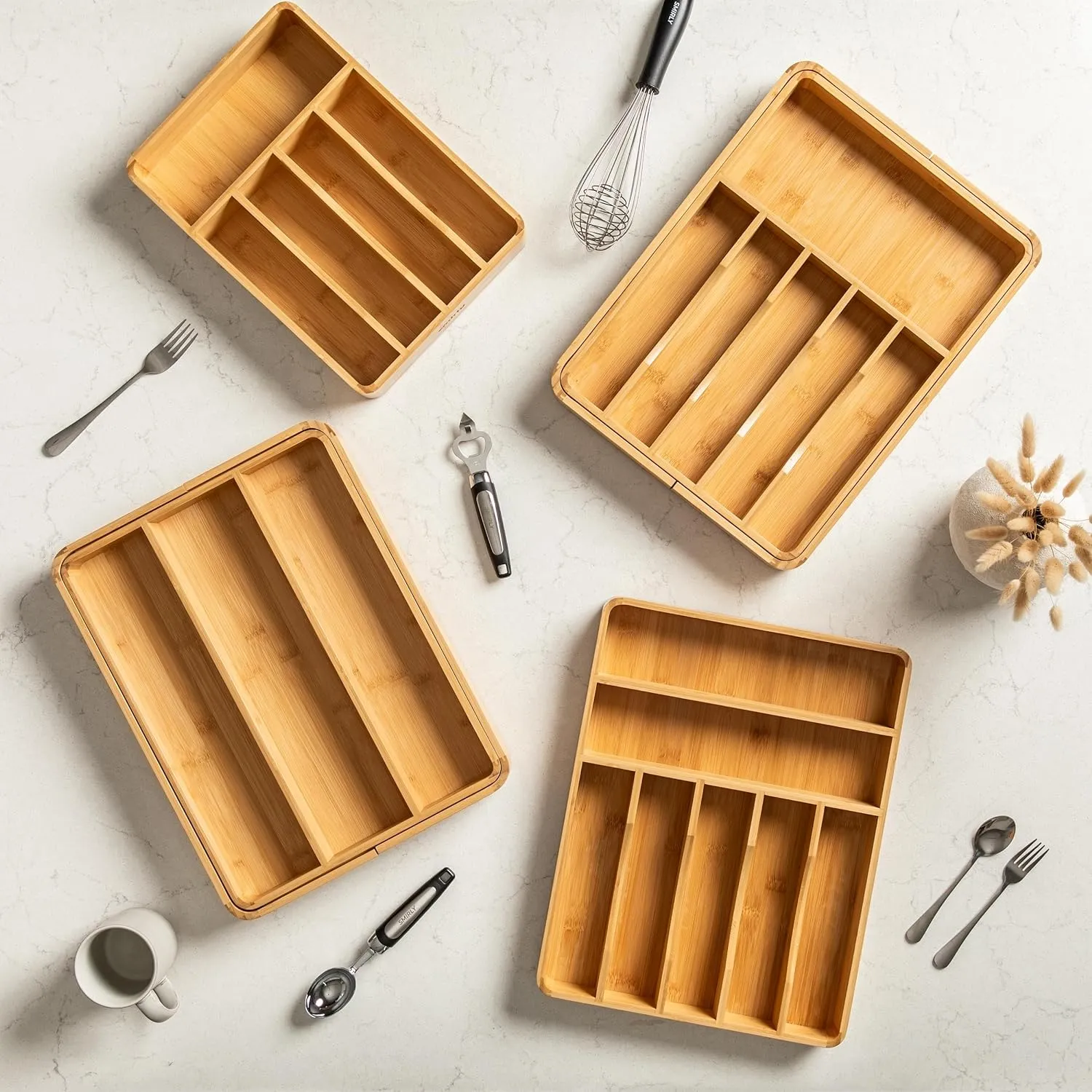 SMIRLY Silverware Drawer Organizer – Bamboo Kitchen Drawer Organizer, Adjustable Utensil Holder and Cutlery Tray, Drawer Dividers for Flatware and Kitchen Utensils