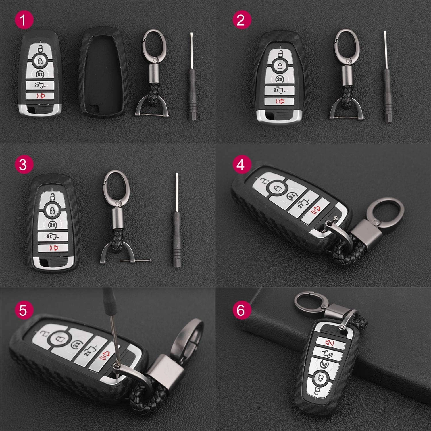 Soft Silicone Rubber Carbon Fiber Texture Case Key Fob Cover For Ford Bronco Escape Expedition Explorer F150 F250 F350 F450 F550 Fusion Maverick Mondeo Ranger Car Key - Black - Weave Keychain