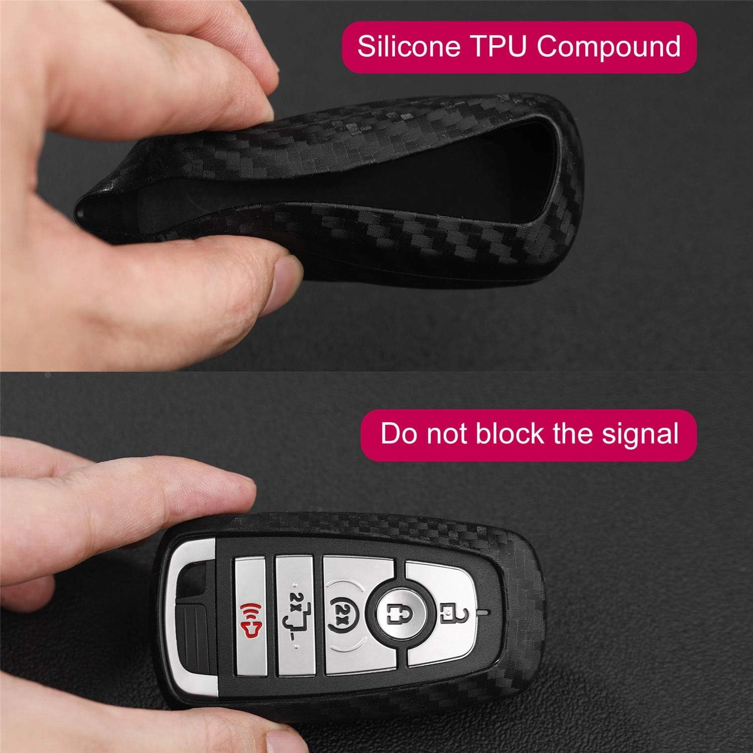Soft Silicone Rubber Carbon Fiber Texture Case Key Fob Cover For Ford Bronco Escape Expedition Explorer F150 F250 F350 F450 F550 Fusion Maverick Mondeo Ranger Car Key - Black - Weave Keychain