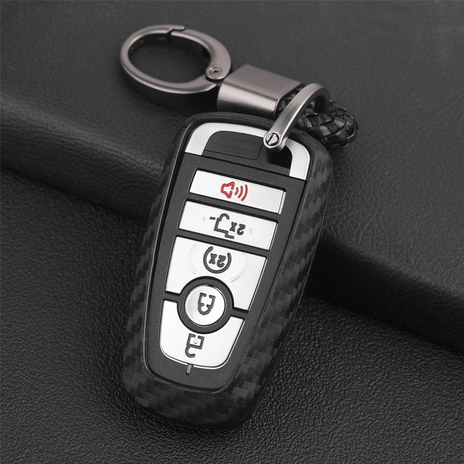 Soft Silicone Rubber Carbon Fiber Texture Case Key Fob Cover For Ford Bronco Escape Expedition Explorer F150 F250 F350 F450 F550 Fusion Maverick Mondeo Ranger Car Key - Black - Weave Keychain