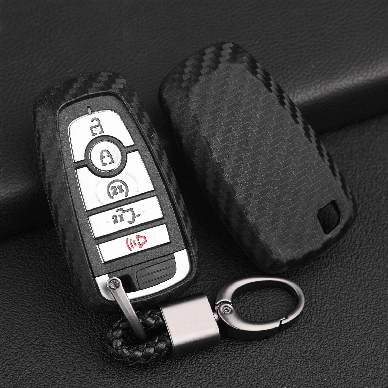 Soft Silicone Rubber Carbon Fiber Texture Case Key Fob Cover For Ford Bronco Escape Expedition Explorer F150 F250 F350 F450 F550 Fusion Maverick Mondeo Ranger Car Key - Black - Weave Keychain