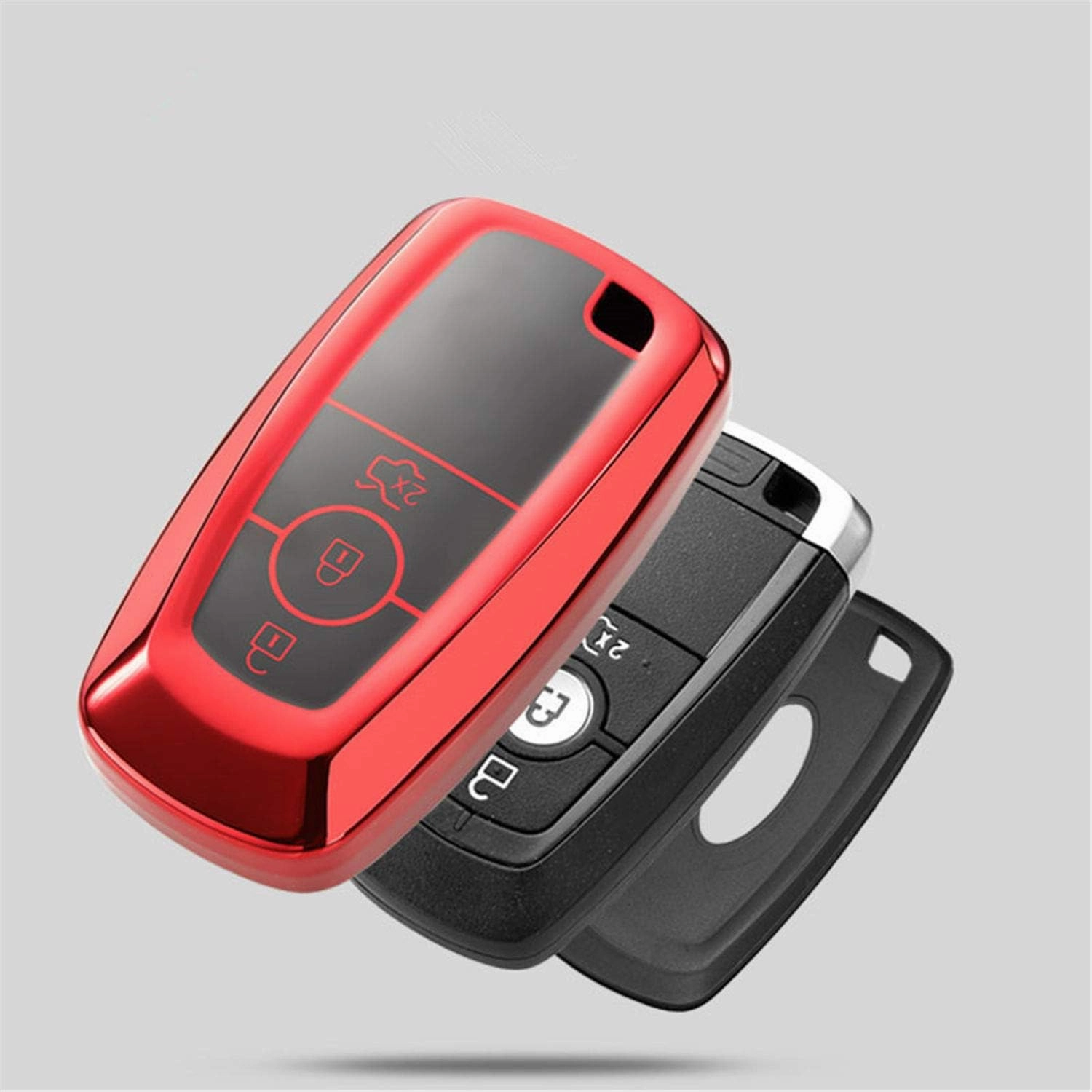 Soft TPU Case Key Fob Cover for Ford Bronco Ecosport Edge Escape Expedition Explorer F150 F250 F350 F450 F550 Fusion Maverick Mondeo Mustang Ranger Car Key - Glossy Red - Metal Keychain