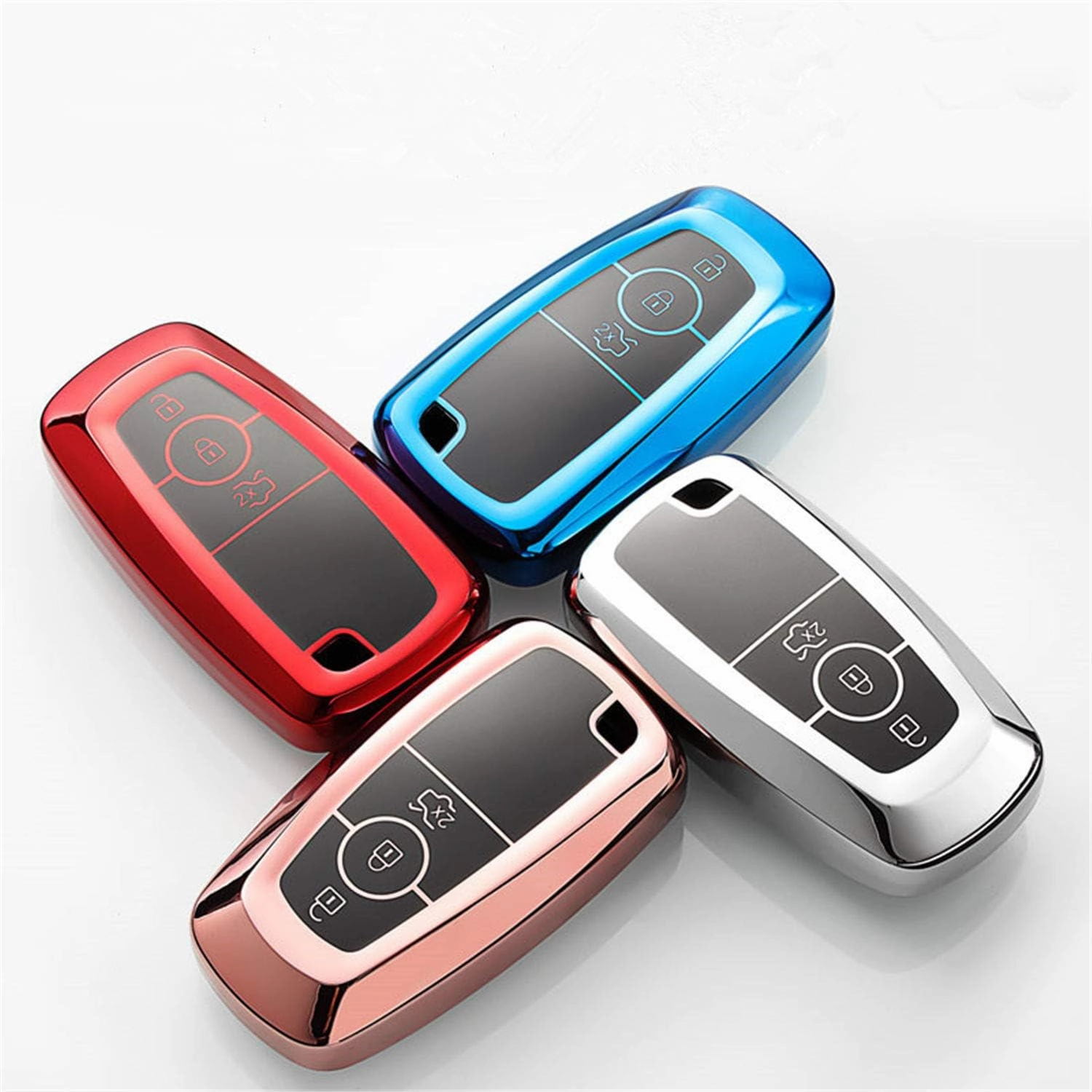Soft TPU Case Key Fob Cover for Ford Bronco Ecosport Edge Escape Expedition Explorer F150 F250 F350 F450 F550 Fusion Maverick Mondeo Mustang Ranger Car Key - Glossy Red - Metal Keychain
