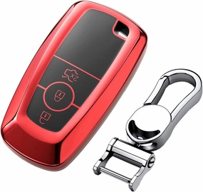 Soft TPU Case Key Fob Cover for Ford Bronco Ecosport Edge Escape Expedition Explorer F150 F250 F350 F450 F550 Fusion Maverick Mondeo Mustang Ranger Car Key - Glossy Red - Metal Keychain