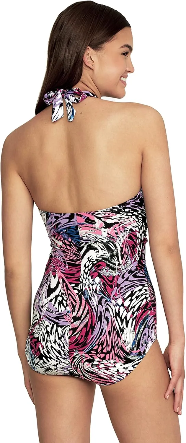 Speedo Women's Swimsuit One Piece V-Neck Shirred Halter Moderate Cut