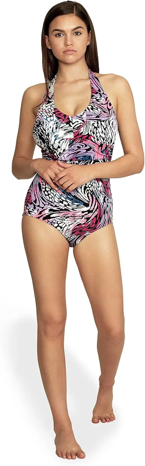 Speedo Women's Swimsuit One Piece V-Neck Shirred Halter Moderate Cut
