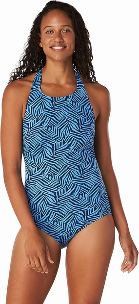 Speedo Women's Swimsuit One Piece V-Neck Shirred Halter Moderate Cut