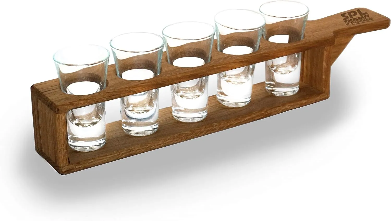 SPL woodcraft Shot Glass Set in Unique Stylish Oak Wooden Holder – Largest 1,7 Ounce (50ml) Glasses – Glassware and Shot Stand – Professional and Amateur Bartenders – Bar or Home Parties Ukraine