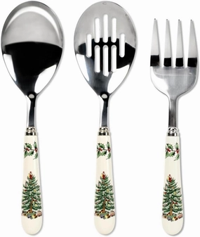 Spode Christmas Tree 3-Piece Stainless Steel Cutlery Set - Porcelain Handle Flatware with Meat Fork, Serving Spoon, and Slotted Spoon - Holiday Silverware for Christmas Dinners & Seasonal Gatherings
