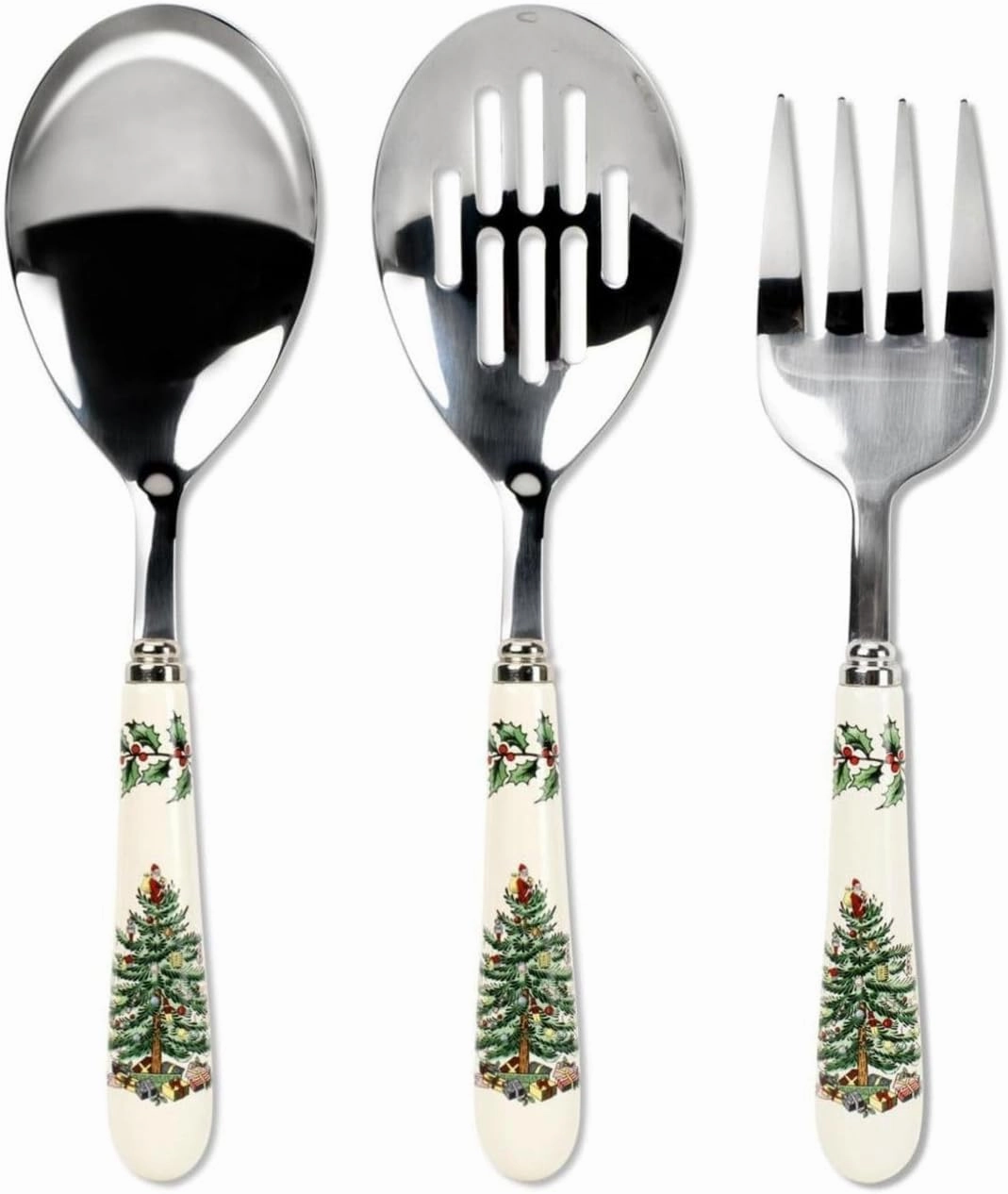 Spode Christmas Tree 3-Piece Stainless Steel Cutlery Set - Porcelain Handle Flatware with Meat Fork, Serving Spoon, and Slotted Spoon - Holiday Silverware for Christmas Dinners & Seasonal Gatherings
