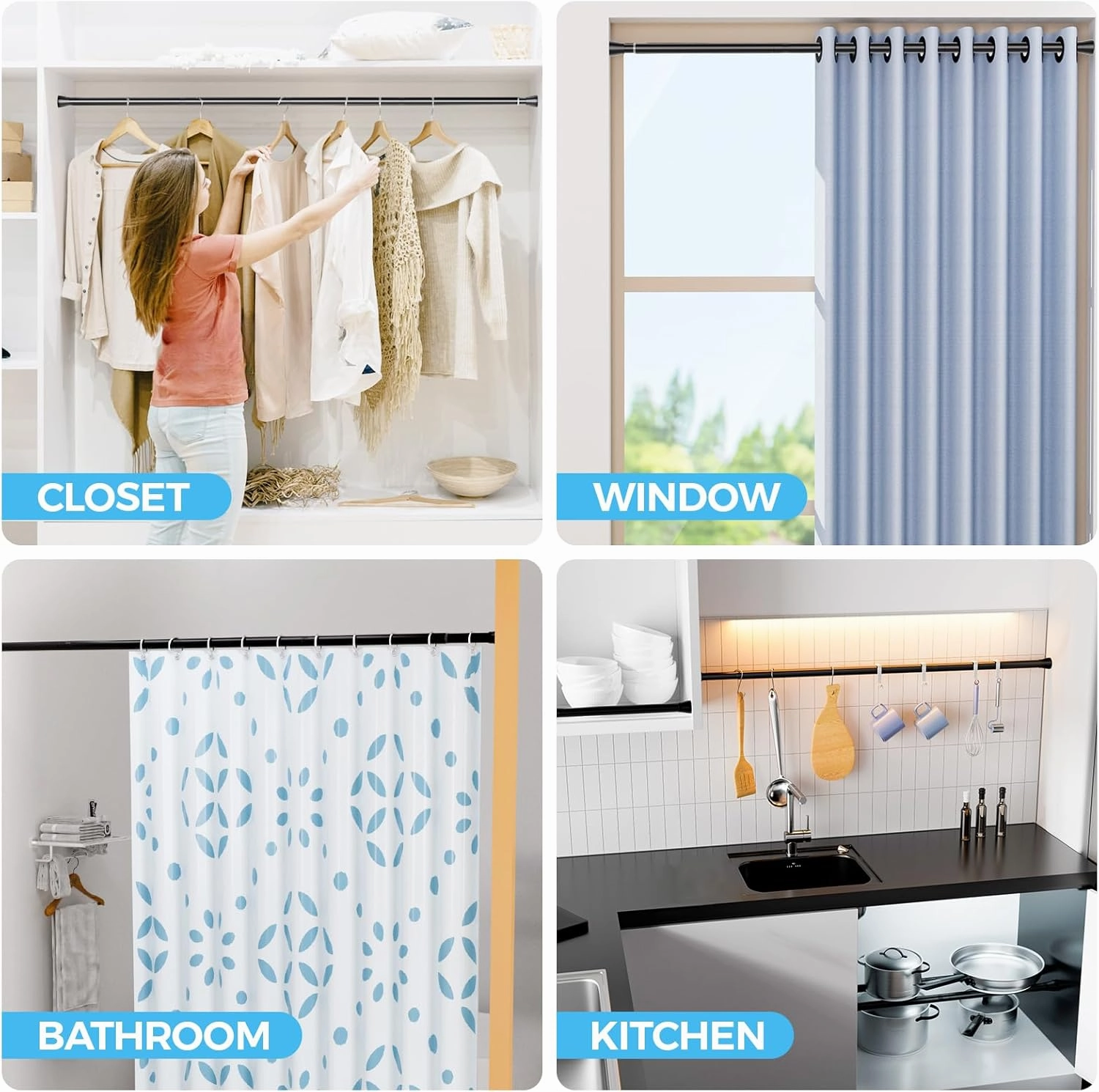 Spring Tension Rod Shower Curtain Rod 30 to 64 Inches 2PCS, Black Expandable Tension Rods for Window Wardrobe Doorway Kitchen