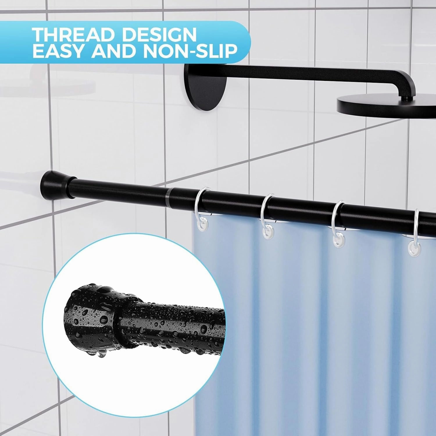 Spring Tension Rod Shower Curtain Rod 30 to 64 Inches 2PCS, Black Expandable Tension Rods for Window Wardrobe Doorway Kitchen