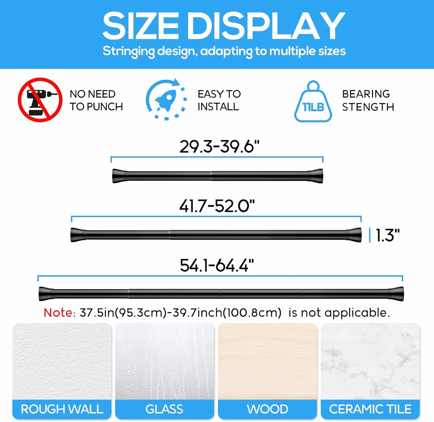 Spring Tension Rod Shower Curtain Rod 30 to 64 Inches 2PCS, Black Expandable Tension Rods for Window Wardrobe Doorway Kitchen